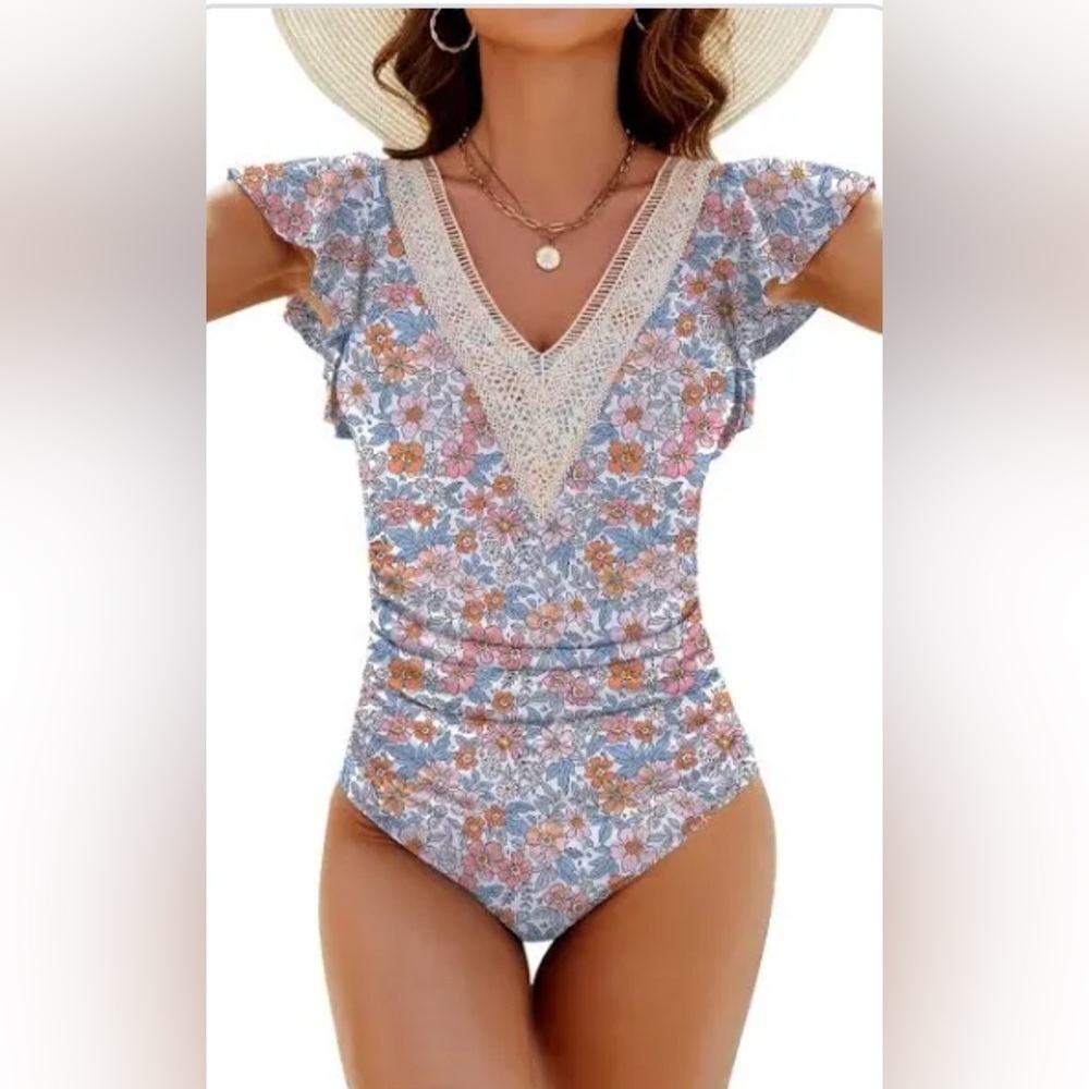 Floral Tummy Control V-Neck Ruffle Swimsuit size medium
